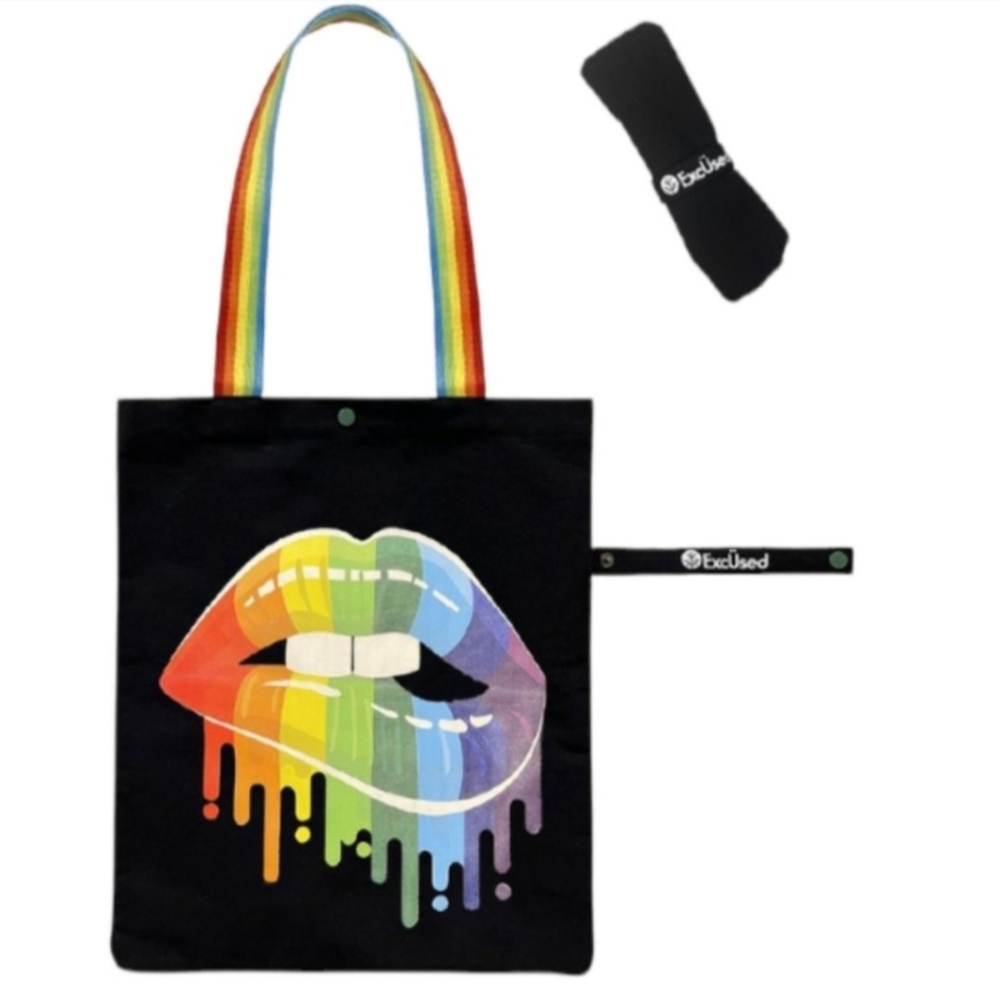 Eco-Friendly ExcUsed Reusable Black Canvas Tote Bag Drip Lips 💋 Bag 🌈 W-618